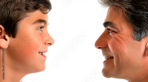 Son and father look at each other on a white background. Spaniards, Europeans