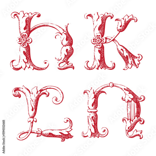 Vintage Drop Cap Letters H, K, L, N
