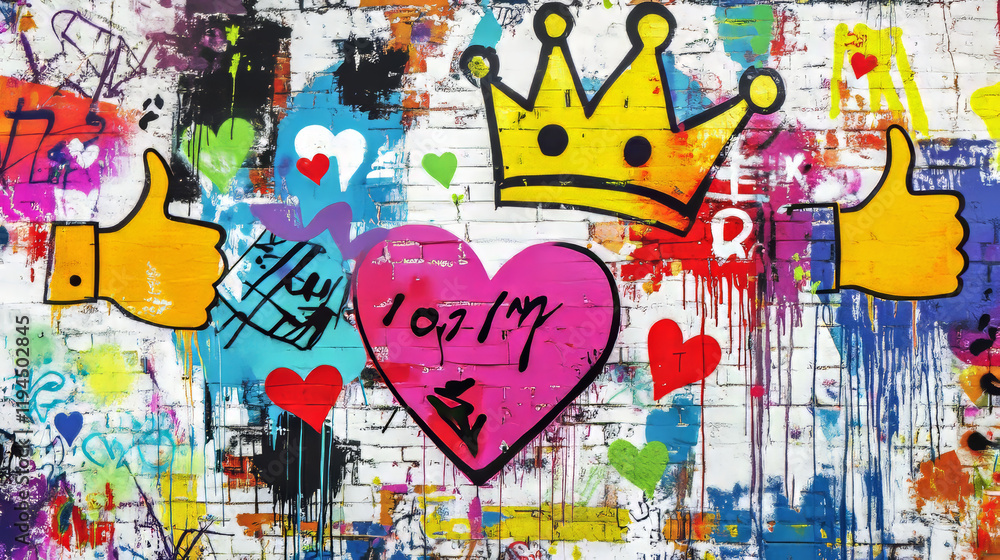 Fototapeta premium White paint spray graffiti with drips and splatter. Street art with heart, crown, diamond and thumb up symbols, frames in shape of square, rectangle, triangle and circle, vector realistic illustration