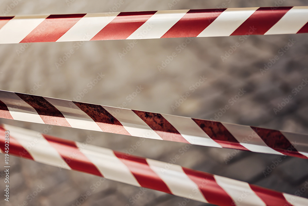 Tape barrier marking a danger zone on a stone-paved city sidewalk Tape barrier marking a danger zone on a stone-paved city sidewalk