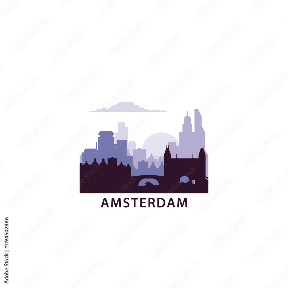 Naklejka premium Amsterdam logo with skyline, cityscape retro vector icon. Netherlands, Holland city horizon, facade, travel logotype
