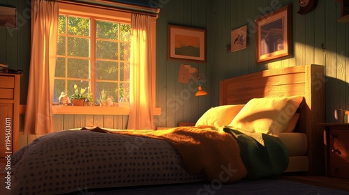 Warm Sunlight Illuminates Cozy Rustic Bedroom Scene