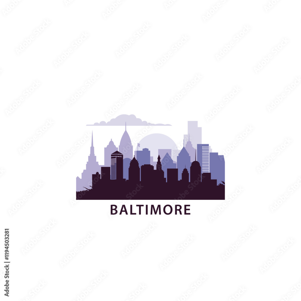 Fototapeta premium USA Baltimore logo with skyline, cityscape retro vector icon. United States of America, Maryland city horizon, facade, travel logotype