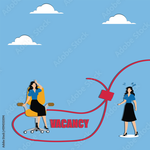 Be wary of recruitment traps or job traps, job brokers, false recruitment, businesswomen looking suspiciously at vacant office chairs inside trap traps