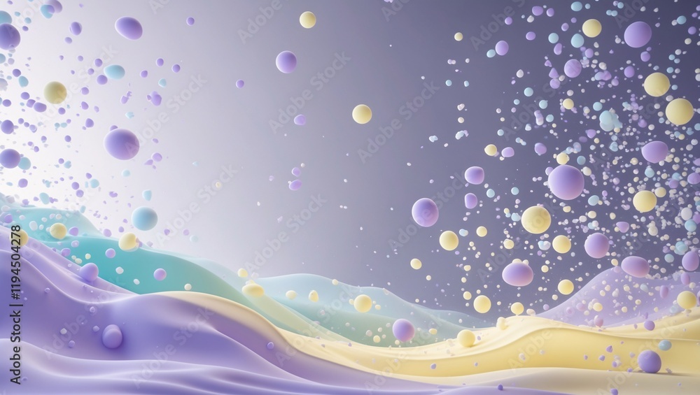 Colorful abstract landscape featuring floating spheres and waves with a soft gradient background in a serene atmosphere Colorful abstract landscape featuring floating spheres and waves with a soft gradient background in a serene atmosphere