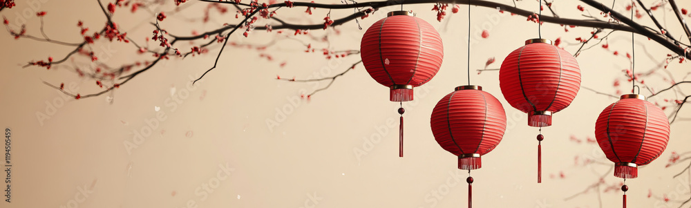 Obraz premium Red lanterns dangle elegantly from tree branches, set against a neutral beige backdrop. This design is ideal for celebrating Chinese New Year with ample space for festive messaging.
