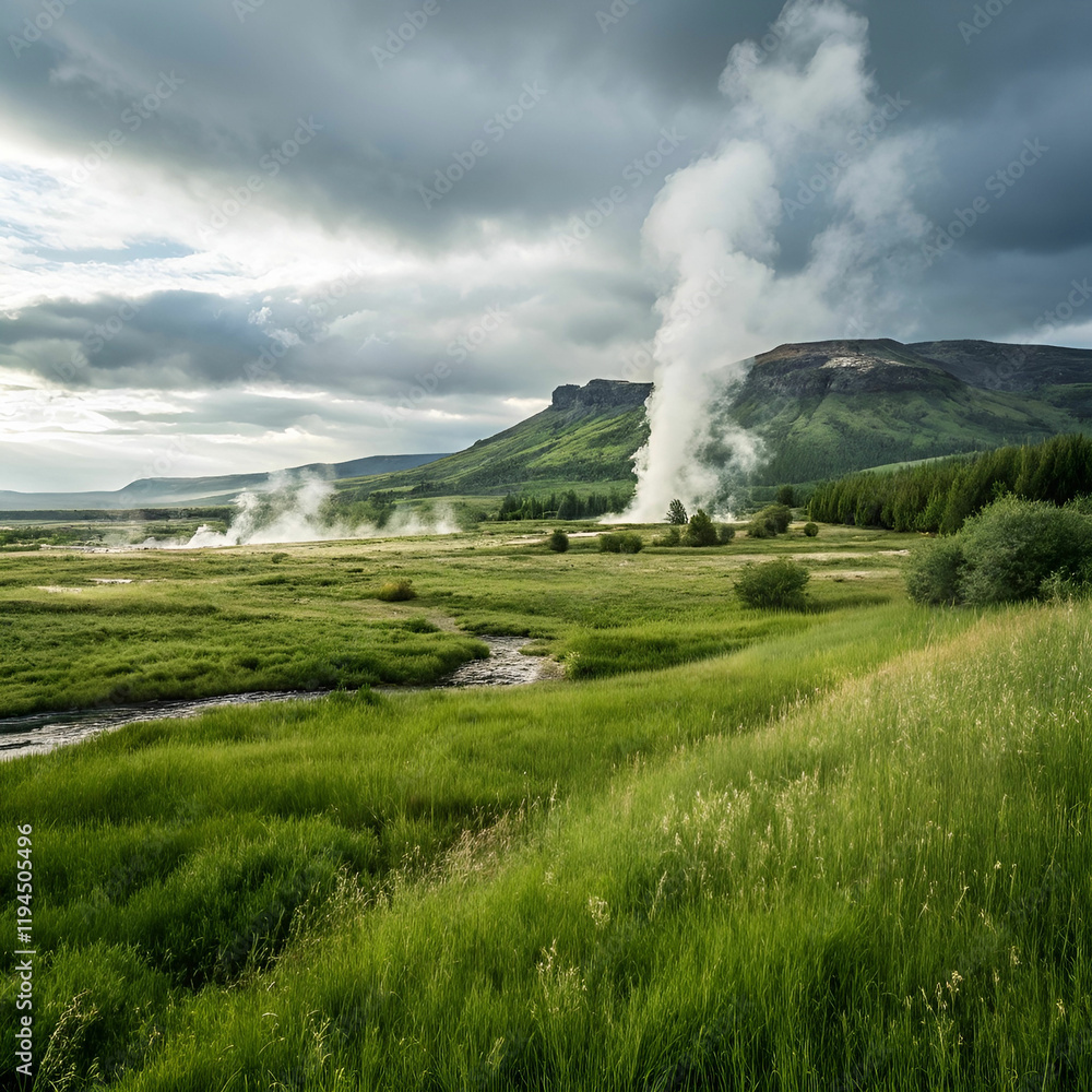 a field in Iceland with a scenic view of the geyser a field in Iceland with a scenic view of the geyser
