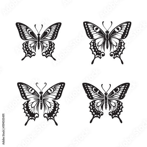 High-Quality Monochrome Vector Silhouettes of the Swallowtail Butterfly Isolated on a White Background