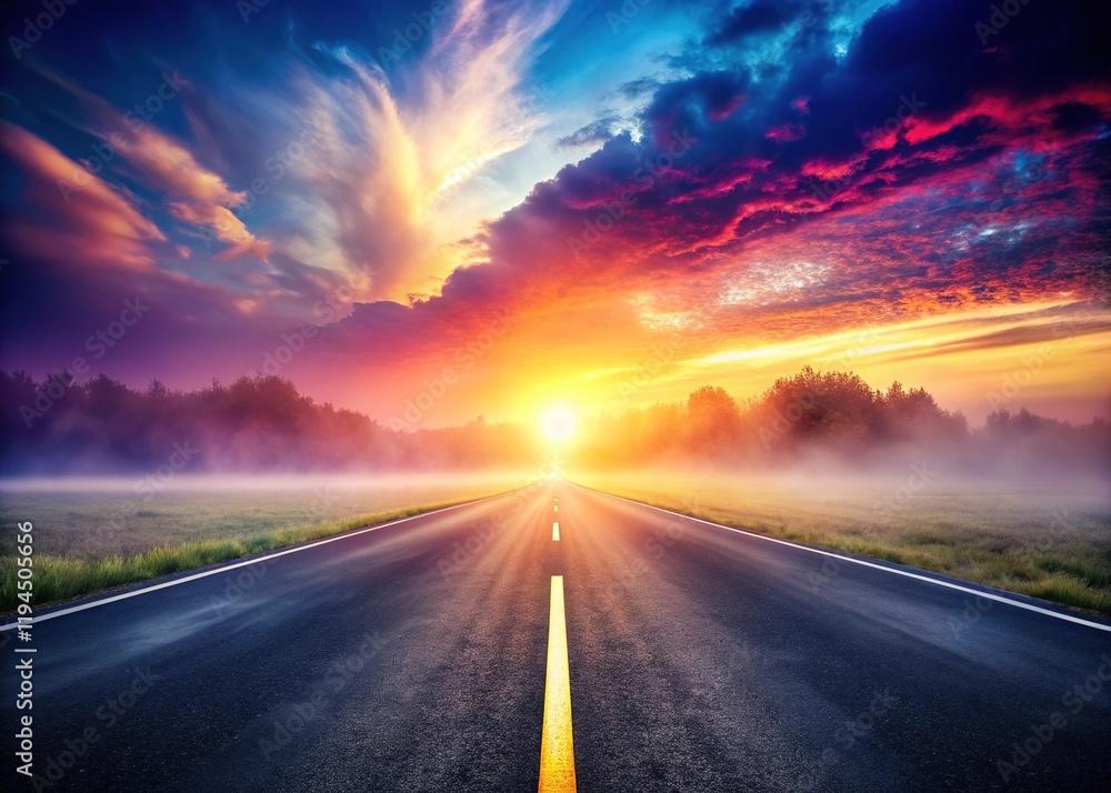 Bright Foggy Highway: Sharp Colors, Atmospheric Depth, Empty Road Scene Bright Foggy Highway: Sharp Colors, Atmospheric Depth, Empty Road Scene