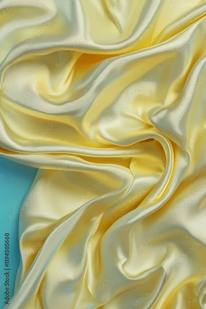 Fototapeta premium Soft, flowing yellow satin fabric draped elegantly, showcasing texture and shine against a teal backdrop.