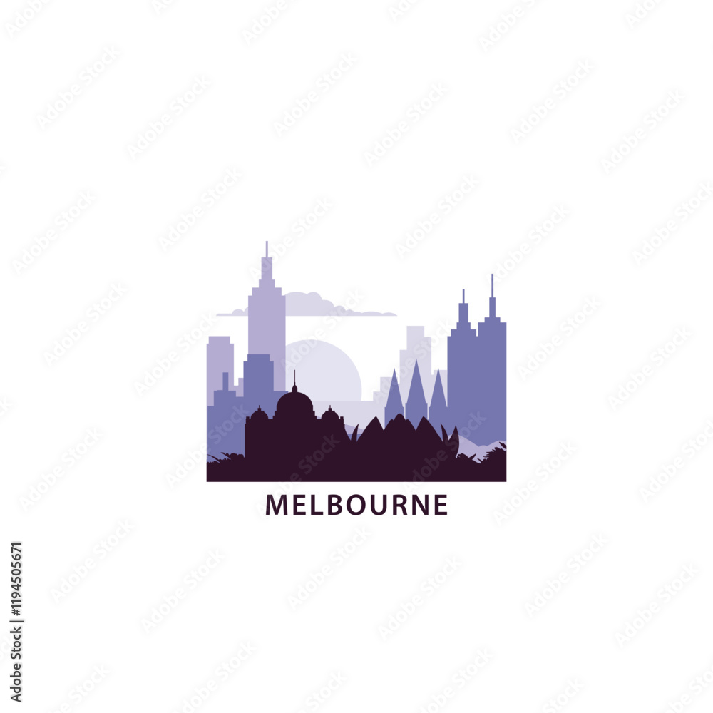 Melbourne logo with skyline, cityscape retro vector icon. Australia city horizon, facade, travel logotype Melbourne logo with skyline, cityscape retro vector icon. Australia city horizon, facade, travel logotype