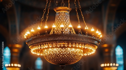 Ornate Golden Chandelier Illuminating a Grand Interior