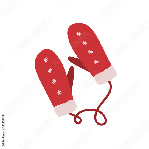 Warm winter mittens pair tied with string, adorned with snowflake, woolen cuff. Cozy knitted wool accessory for cold weather. Seasonal hand wear. Flat vector illustration isolated on white background