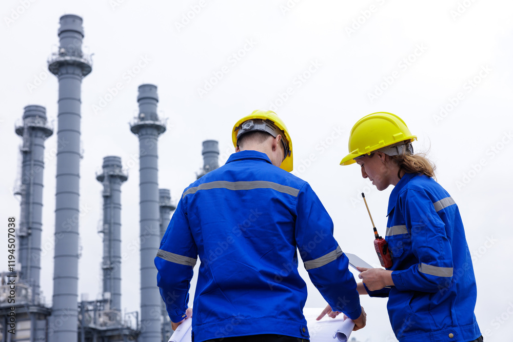 Petrochemical engineers teamwork working together at petroleum oil refinery industry area. Petrochemical engineers teamwork working together at petroleum oil refinery industry area.