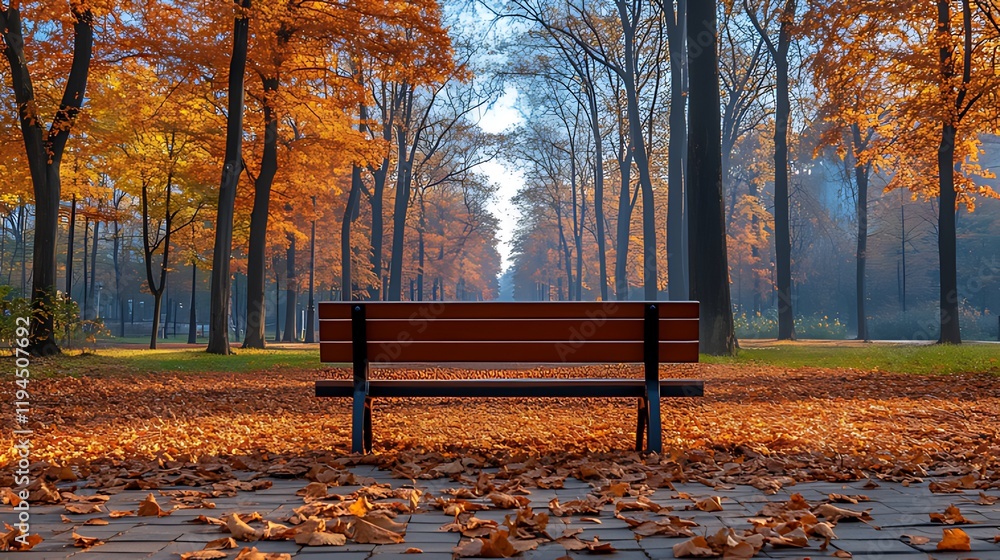 Autumn park bench, leaves, trees, misty path, tranquil scene Autumn park bench, leaves, trees, misty path, tranquil scene