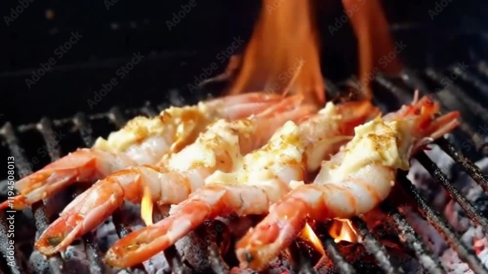 Shrimp cooking on charcoal grill with flames licking or Smoky flavor created by butter crackling on shrimp Shrimp cooking on charcoal grill with flames licking or Smoky flavor created by butter crackling on shrimp