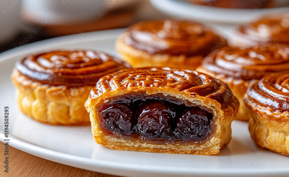 Ceremonial mooncakes with a rich orange-brown crust and sweet red date filling are beautifully presented on white plates. The festive setup evokes the warmth and tradition of Chinese New Year. Ceremonial mooncakes with a rich orange-brown crust and sweet red date filling are beautifully presented on white plates. The festive setup evokes the warmth and tradition of Chinese New Year.
