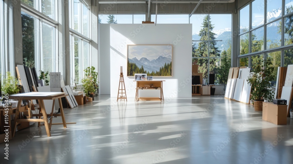 Obraz premium Creative expression in a minimalist art studio surrounded by nature bright and inspiring environment calm ambiance
