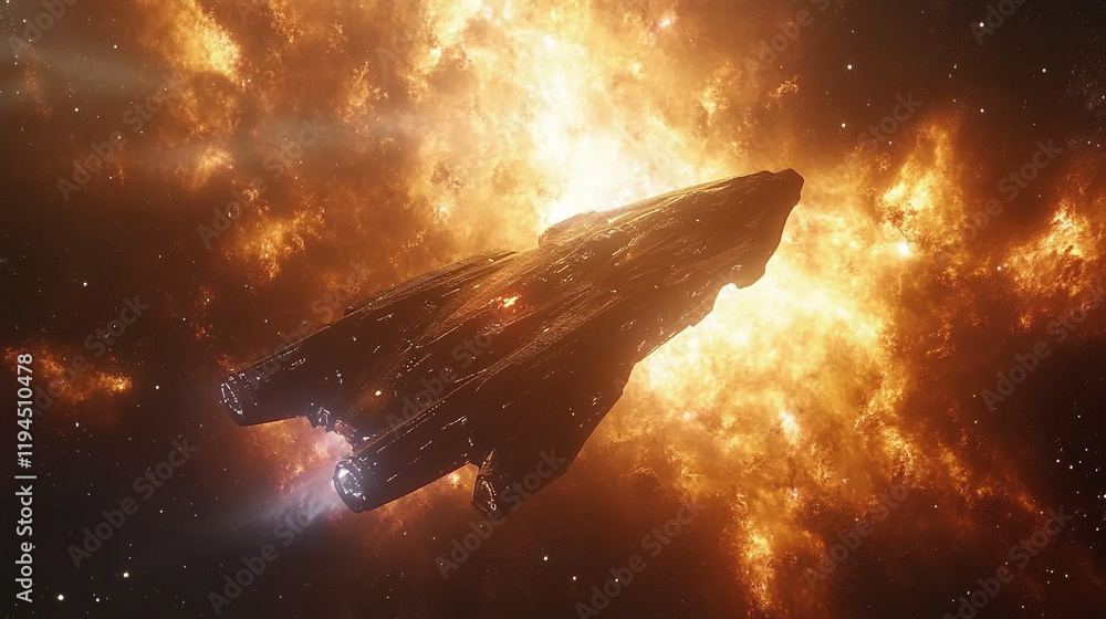Spaceship navigating through a fiery explosion in deep space Spaceship navigating through a fiery explosion in deep space