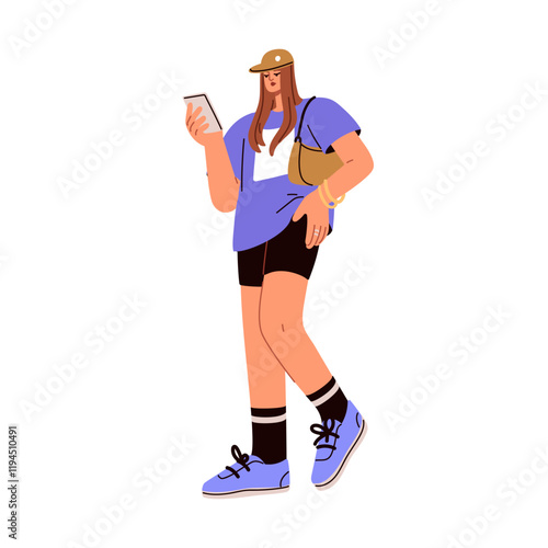 Young woman walking with smartphone. Female going outdoors with mobile phone in hand. Girl in modern summer outfit, tshirt, cycling shorts, bag. Flat vector illustration isolated on white background