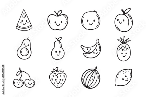 Fruits funny characters with a smile doodle hand drawn icon set. Different variable fruits happy smiling drawing clipart outline element.