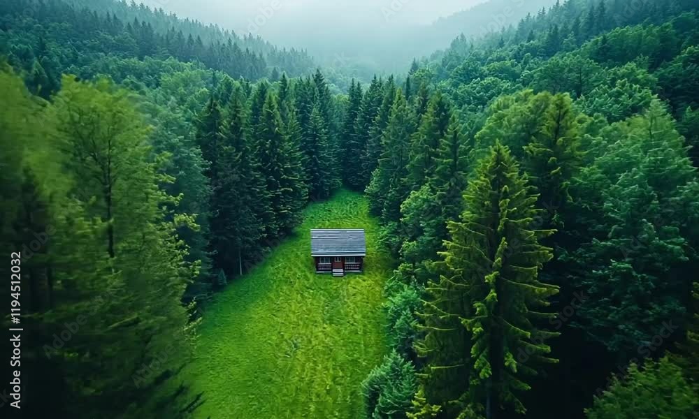 Aerial journey over serene forest with isolated cabin in tranquil green surroundings. Aerial journey over serene forest with isolated cabin in tranquil green surroundings.
