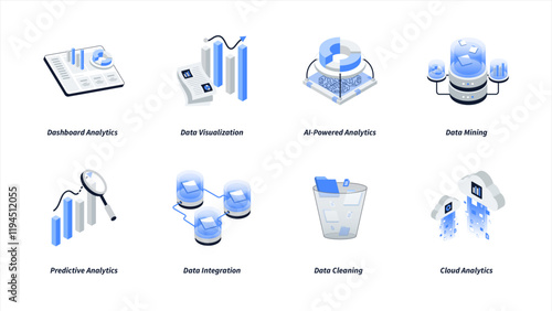 Data analytics isometric icon set. Containing Dashboard Analytics, Data Visualization, AI-Powered Analytics, Data Mining, Predictive Analytics, Data Integration, Data Cleaning and Cloud Analytics