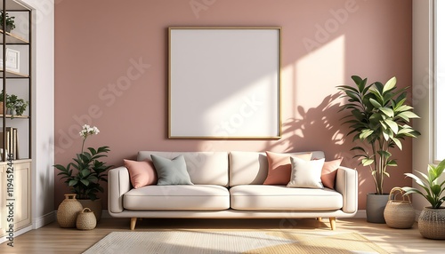 Sunlit living room with beige sofa, plants, and mock-up frame