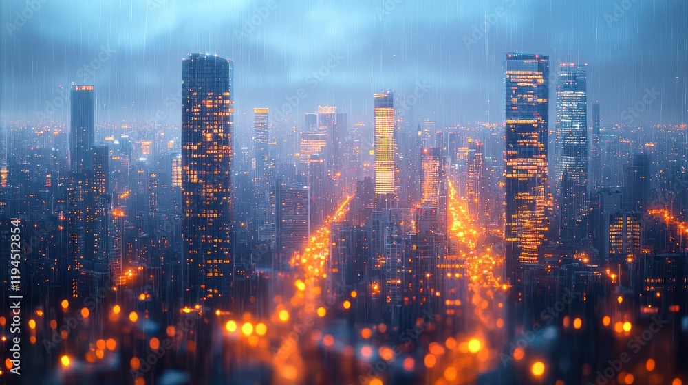 A rainy evening cityscape with illuminated skyscrapers and bustling streets under a moody sky A rainy evening cityscape with illuminated skyscrapers and bustling streets under a moody sky