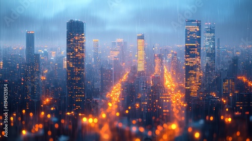 A rainy evening cityscape with illuminated skyscrapers and bustling streets under a moody sky