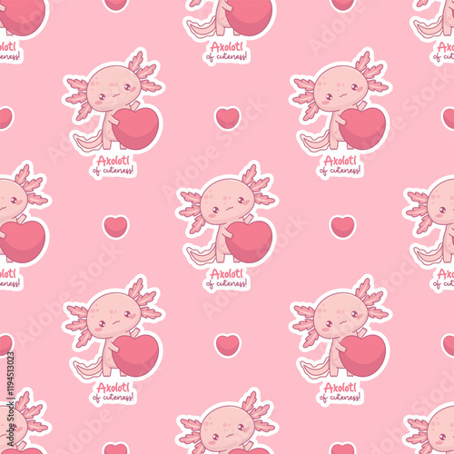 Seamless pattern valentine with cute enamored Axolotl with heart on pink background. Funny Little cartoon kawaii character. Vector illustration. Romantic backdrop