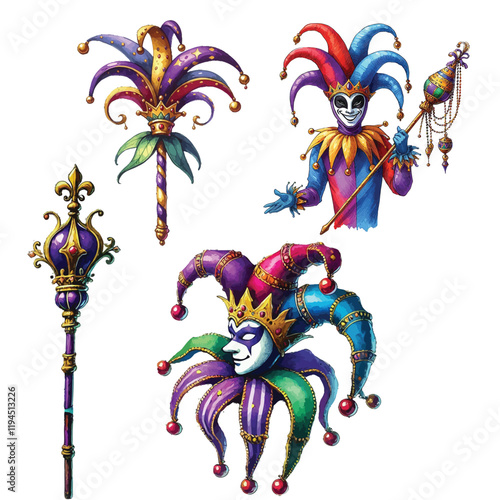 watercolor Mardi gras Jester stick fool’s scepter illustration isolated background