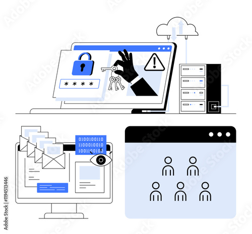 Laptop with lock, hacked login screen, cloud server, binary code, email vulnerability, and user data visualization. Ideal for digital security, hacking, data breaches privacy cybercrime system