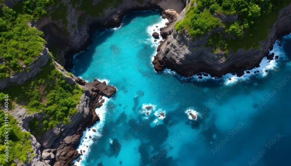 Aerial View of Turquoise Ocean Cove Surrounded by Lush Green Cliffs Aerial View of Turquoise Ocean Cove Surrounded by Lush Green Cliffs