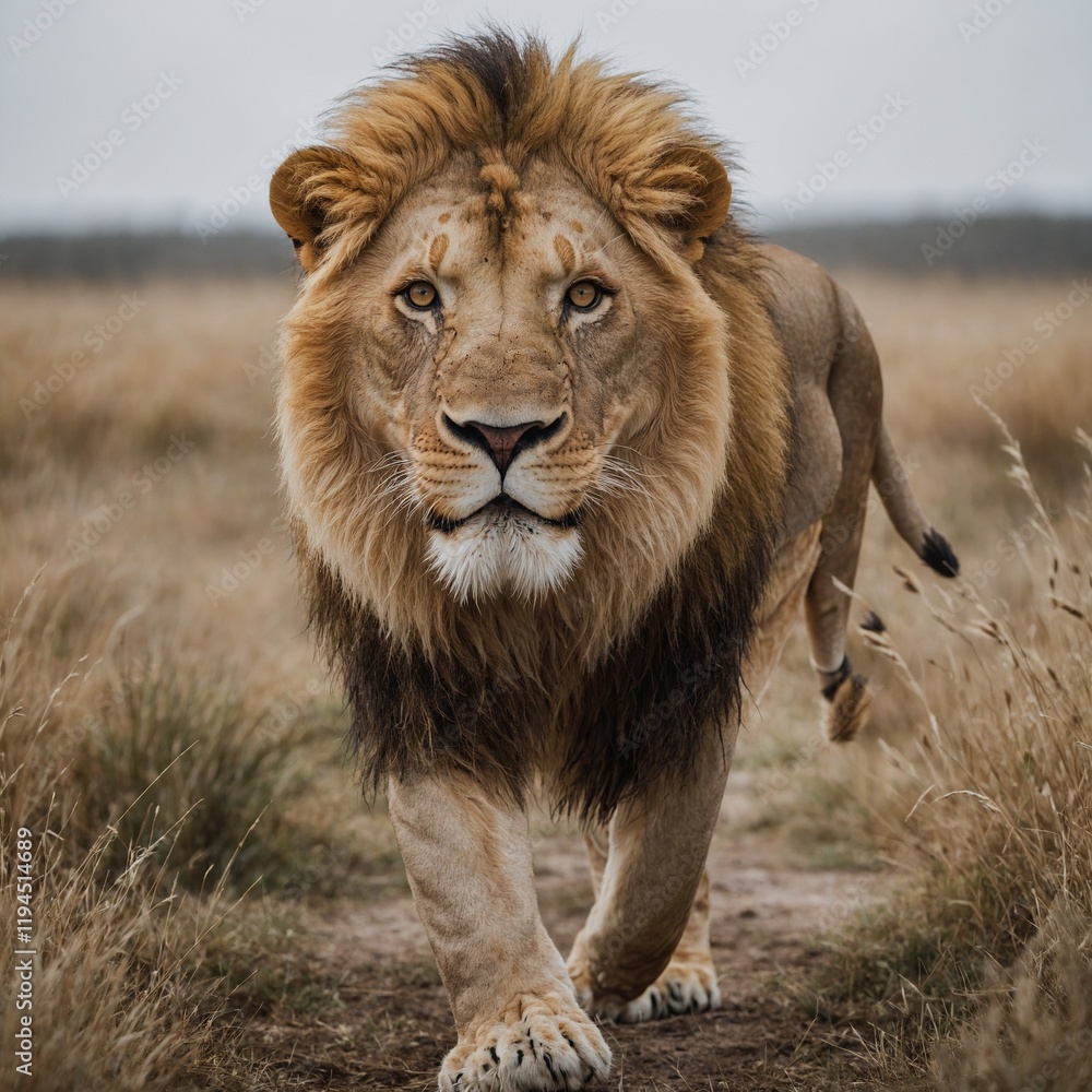 Fototapeta premium A lion walking towards the camera, white background.
