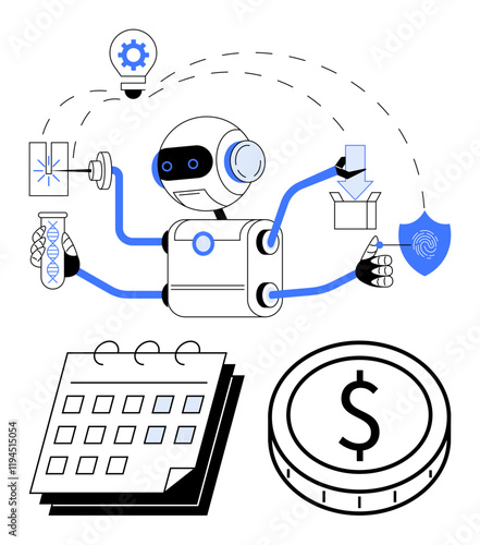 Robot performing multitasking actions, holding lab tools, a security shield, and packaging items. Calendar, money, idea lightbulb represent innovation, time management, productivity and technology