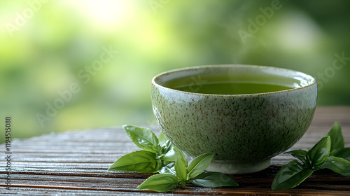 a cup of green tea on a wooden table photo