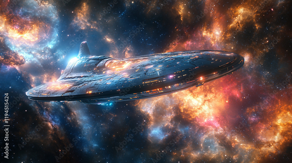 Spaceship glides through vibrant cosmic nebula filled with stars and celestial colors Spaceship glides through vibrant cosmic nebula filled with stars and celestial colors