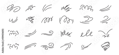 Doodle line wind moving set. Breath of the typhoon. Flat wind moves Vector isolated illustration