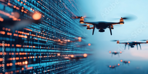 Wallpaper Mural conceptual image of cybersecurity depicted as swarm of drones and digital data Torontodigital.ca