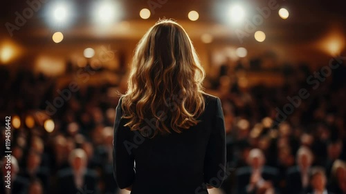 Wallpaper Mural Female speaker addressing audience under bright lights in auditorium Torontodigital.ca