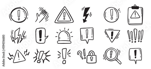 Warnings related hand drawn doodle simple icons set. Vector line drawing warnings related icons.