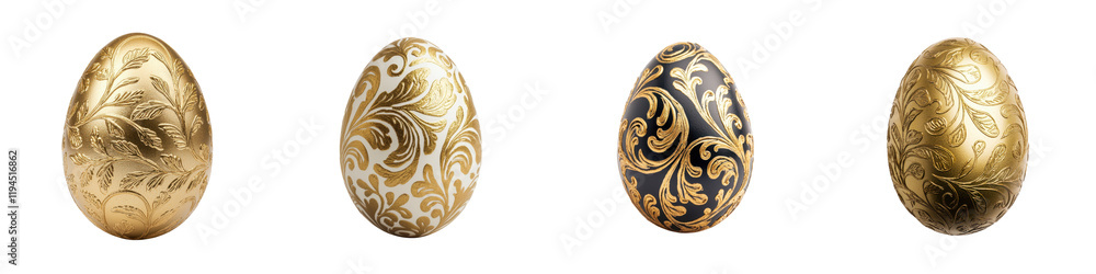 Ornate Golden Easter Eggs with Baroque Decorative Patterns and Luxurious Metallic Finishes Ornate Golden Easter Eggs with Baroque Decorative Patterns and Luxurious Metallic Finishes