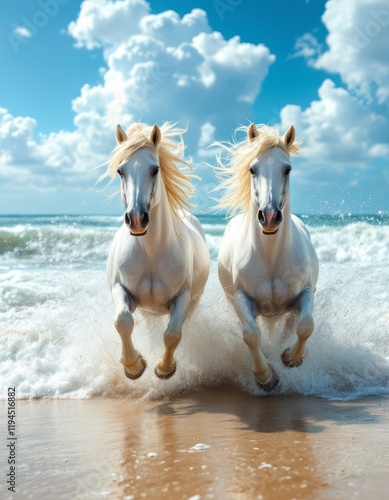 Two white horses running in the shallow water with a blue sky background and waves crashing photo