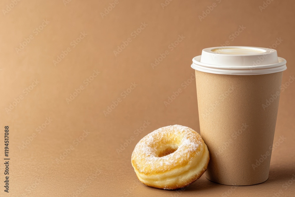 Paper cup of coffee and doughnuts on a brown background Paper cup of coffee and doughnuts on a brown background