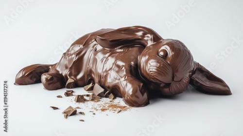 Broken chocolate easter bunny on white background. photo