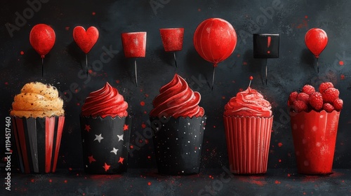 Colorful Representation of Varied Red Desserts and Balloons on Dark Background, Featuring Swirled Cupcakes, Raspberries, and Playful Decorative Elements