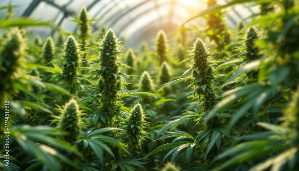 Lush cannabis plants growing in greenhouse with sun shining through the roof Lush cannabis plants growing in greenhouse with sun shining through the roof