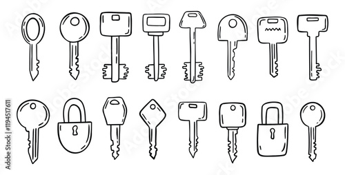 Sketch hand drawn doodle key icon set. Vintage locks and keys. Outline decor security elements collection.
