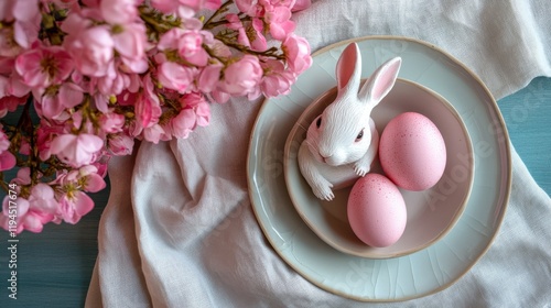 Easter bunny (rabbit) egg concept, table arrangement decoration. Pink (rosy) eggs with napkins on cloth (linen) background, top view. photo